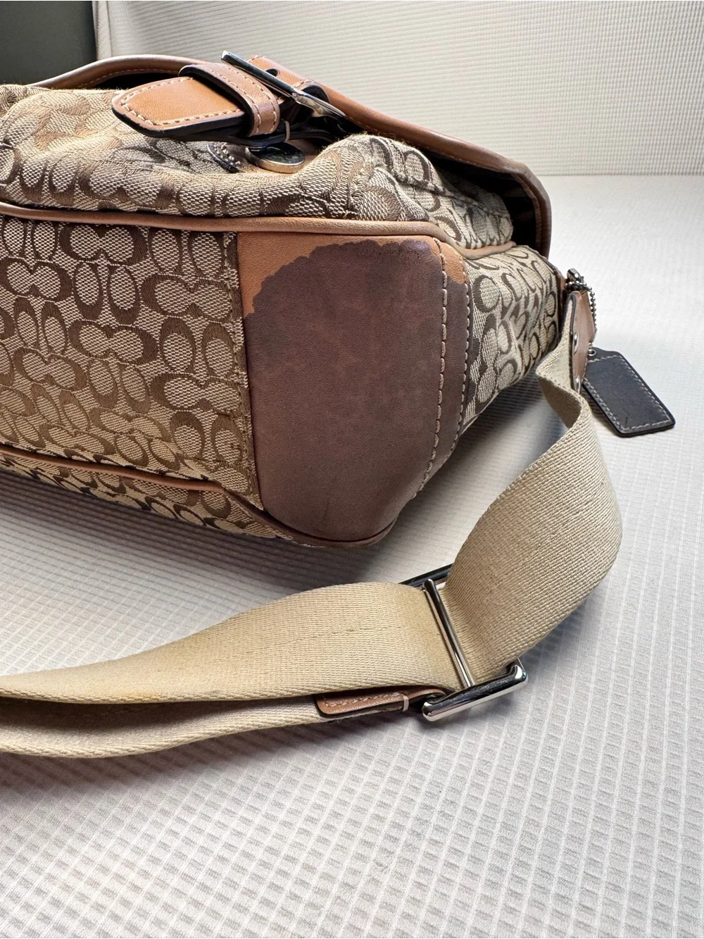 Coach Tan Signature Canvas Messenger Bag with Brown Leather Trim